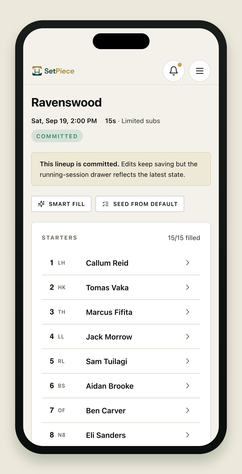 The match screen on an iPhone for the Ravenswood fixture, marked Committed, with the starters list filled 15/15 and numbered by position.