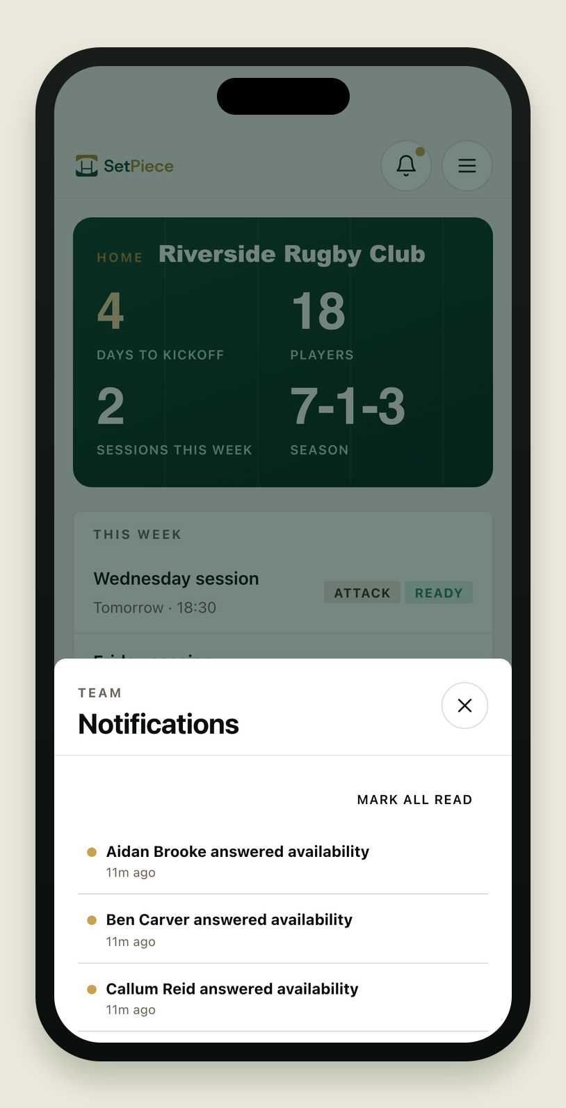 The notifications sheet on an iPhone, open over the dashboard: a list of availability answers — 'Dan Whitfield answered availability', 'Callum Reid answered availability', 'Ben Carver answered availability' — each with an unread dot, and a Mark all read action at the top.