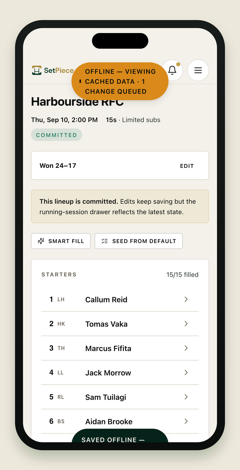 The match screen on an iPhone after coaching offline: a queue indicator in the top bar shows 2 changes waiting to sync, and the recorded result — Won 24–17 — sits saved beneath the fixture header. The rest of the interface looks identical to online use.