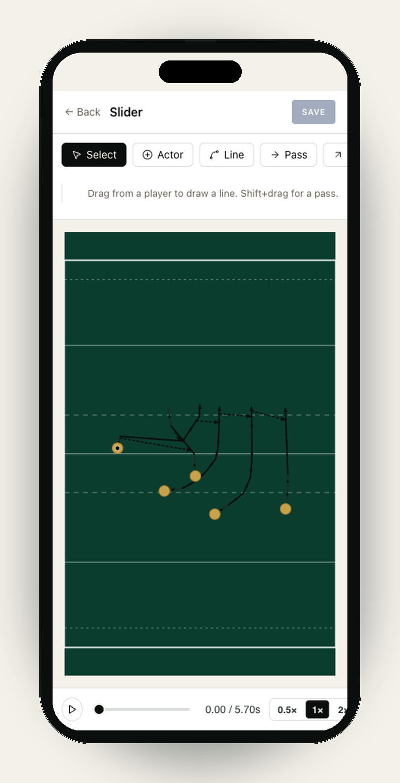 The SetPiece play canvas on an iPhone, showing a play called 'Slider'. Across the top: Back, the play title, and a Save button; a toolbar offers Select (active), Actor, Line, Pass, with the helper text 'Drag from a player to draw a line. Shift+drag for a pass.' The green rugby pitch fills the body, with five gold actor dots in a backs alignment — one ringed to mark the lead receiver — and black running and pass lines arcing out from them. A timeline strip at the bottom carries a play button, a 0.00 / 5.70s scrubber, and speed toggles.