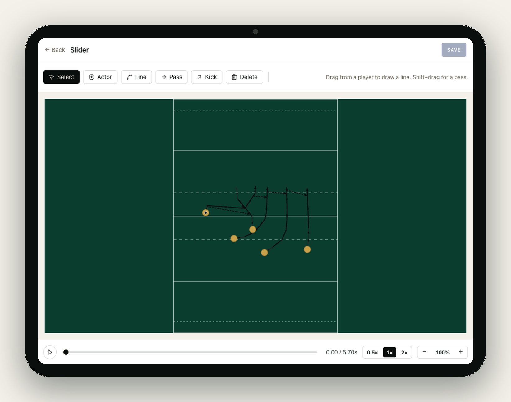 The SetPiece play canvas on a tablet — the editor a coach uses to assemble a play before sending it to a drill. Header reads 'Slider' with Back and Save controls; a toolbar offers Select, Actor, Line, Pass, Kick and Delete. The pitch fills the workspace, with five gold actor dots in a backs alignment and black running and pass lines drawn between them. A timeline strip at the bottom carries the play button, a 0.00 / 5.70s scrubber, speed toggles (0.5×, 1×, 2×) and a zoom control.