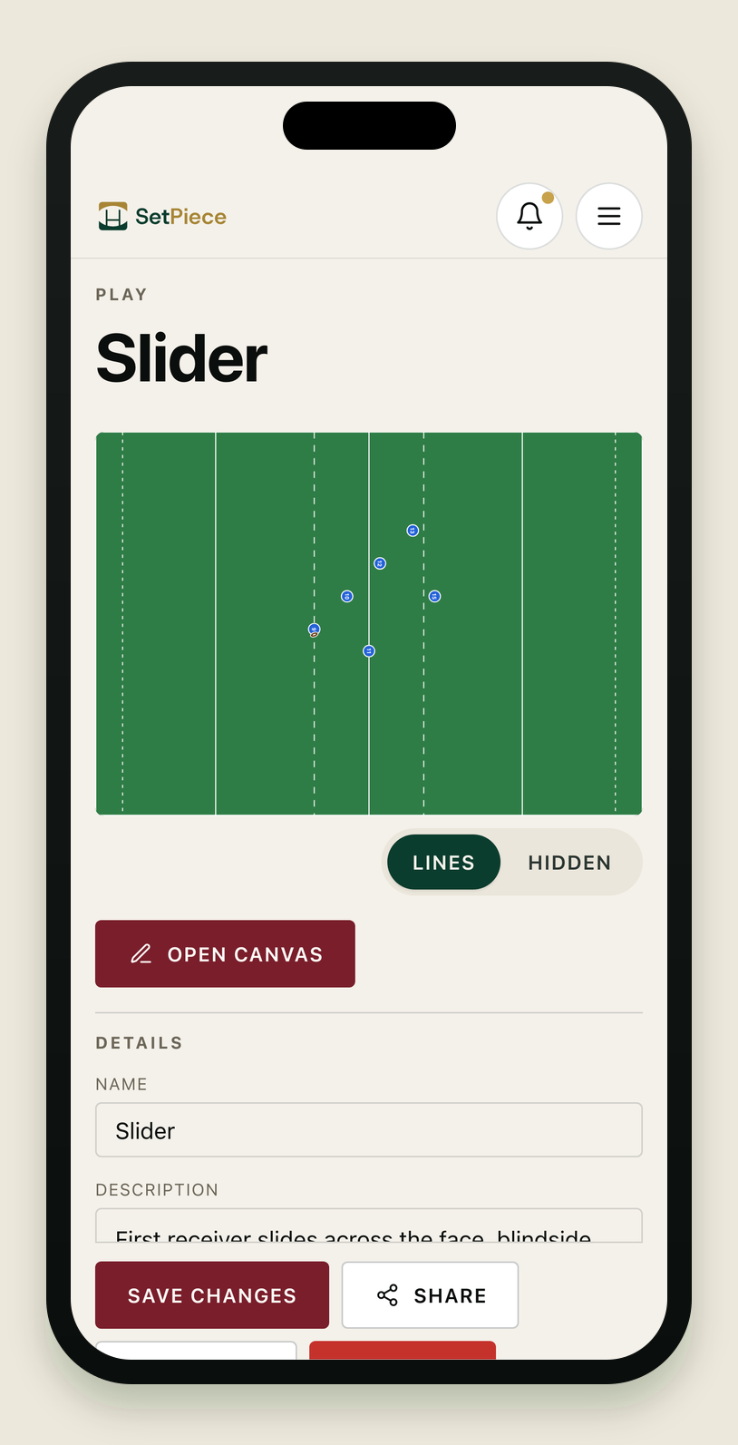 Play detail screen on an iPhone. Header reads 'Play · Slider' over a rugby pitch thumbnail with five players in a backs alignment marked as gold dots, one ringed to indicate the lead actor. Below the pitch, an 'Open canvas' button leads into the editor. The pinned bottom action bar carries a navy 'Save changes' and a secondary 'Archive' button.