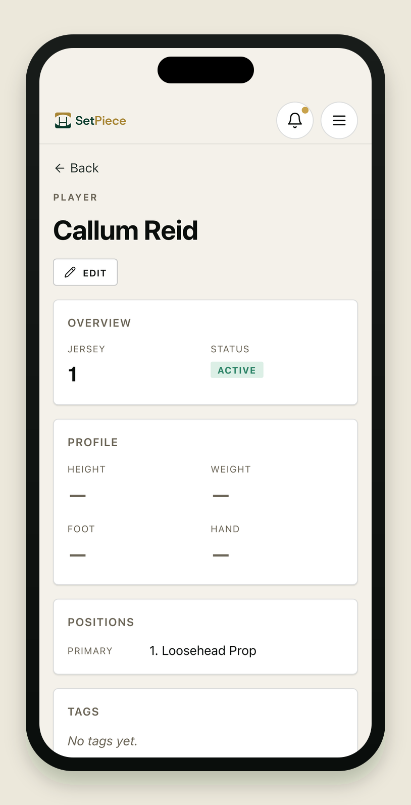 A player profile on an iPhone, scrolled to the stats: a last-28-days training-load scale, 80% attendance across 8 of 10 sessions, top position 1. LH over 4 matchday lineups, then 3 appearances, 3 starts and 156 match minutes, with milestones and a coach-notes field below.