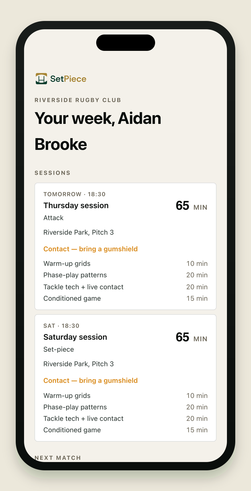 A player's personal week page on an iPhone, opened from a link with no login: this week's two training sessions, each with its drills and minutes and an amber 'Contact — bring a gumshield' hint, with the next match card starting below.
