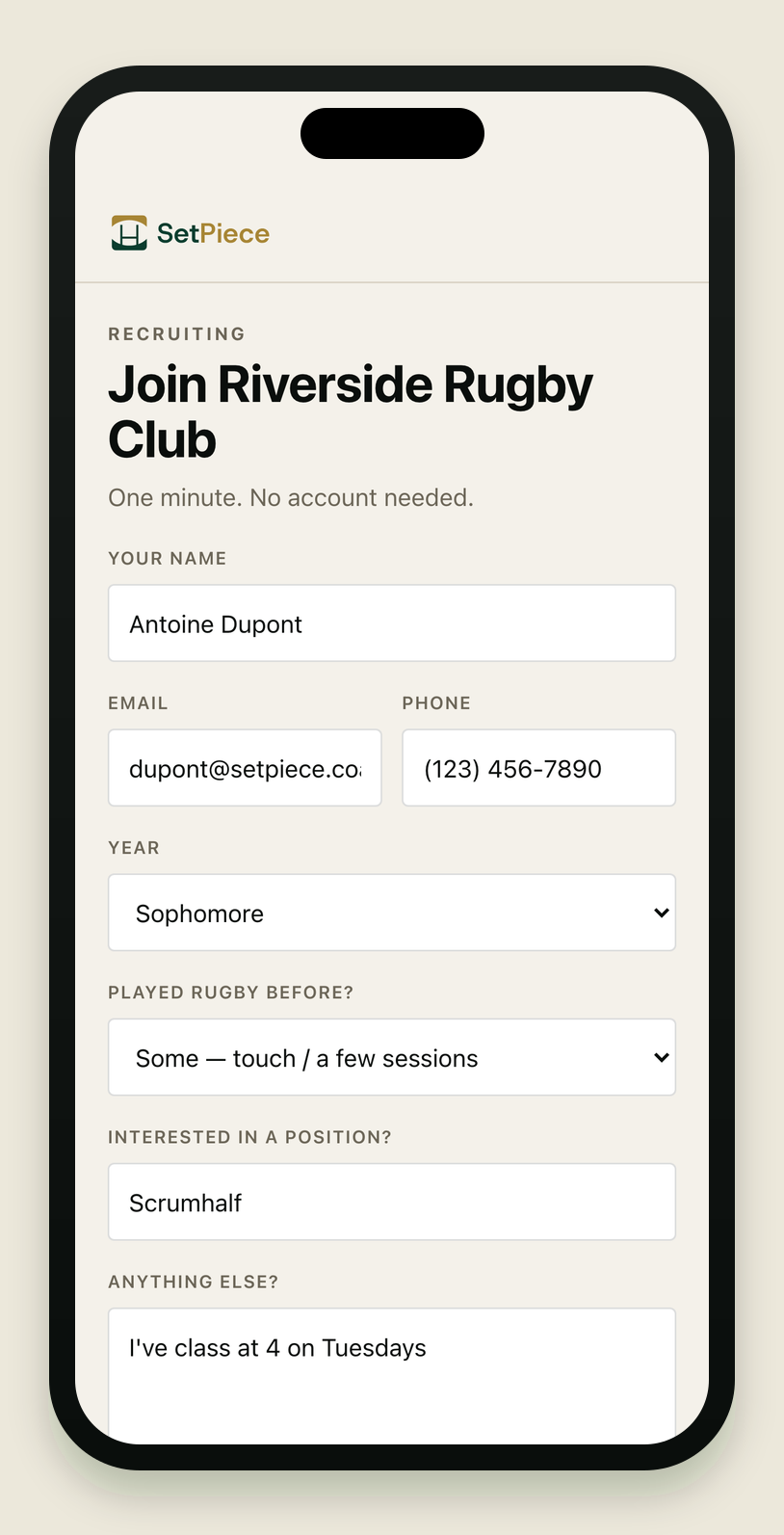 The 'I'm interested' join form on an iPhone, branded maroon. Eyebrow 'RECRUITING', heading 'Join Riverside Rugby Club', sub 'One minute. No account needed.' Filled fields: Your name 'Alex Morgan'; Email 'alex.morgan@gmail.com' and Phone '(503) 555-0142' side by side; Year 'Sophomore'; 'Played rugby before?' set to 'Some — touch / a few sessions'; 'Interested in a position?' 'Back row'; and a notes box reading 'Played a season of touch in HS, free most evenings.' A full-width maroon 'Send to Riverside Rugby Club' button sits below, with a '← Back to Riverside Rugby Club' link.