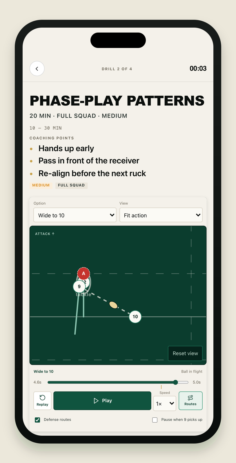 Run mode on an iPhone: the current drill with its clock and coaching points, the attached play animating below, and Play, Replay and speed controls under the pitch.