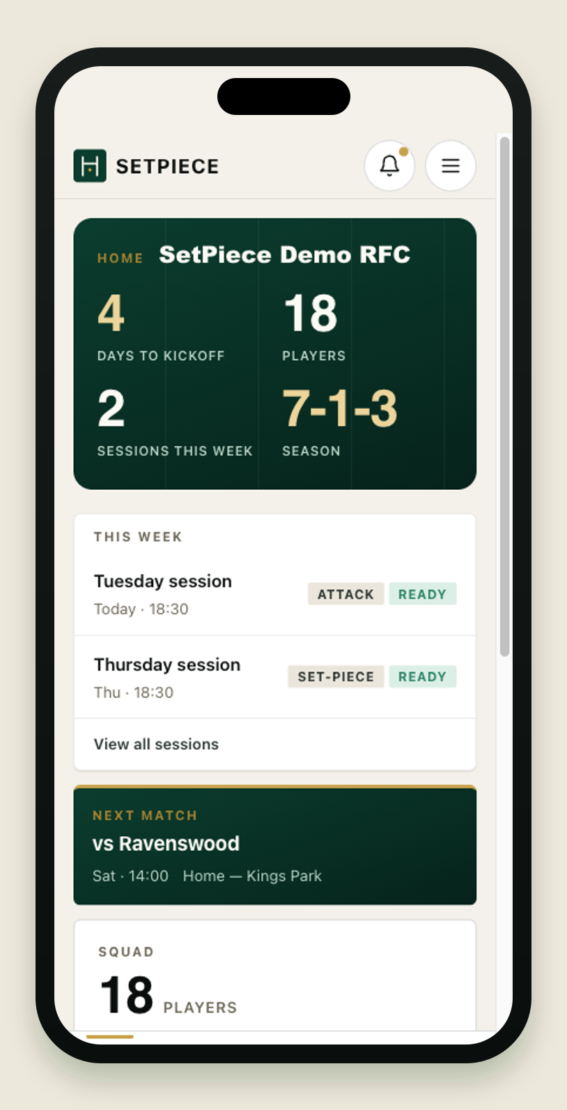 The SetPiece home dashboard on an iPhone: a dark scoreboard card for SetPiece Demo RFC with gold stats — 4 days to kickoff, 18 players, 2 sessions this week and a 7-1-3 season record. Below it, the This-week list shows Tuesday's attack session and Thursday's set-piece session marked Ready, then the next match card: vs Ravenswood, Saturday 14:00 at Kings Park.