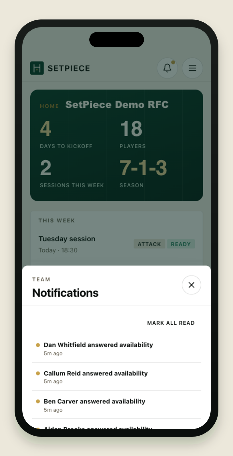 The notifications sheet on an iPhone, open over the dashboard: a list of availability answers — 'Dan Whitfield answered availability', 'Callum Reid answered availability', 'Ben Carver answered availability' — each with an unread dot, and a Mark all read action at the top.
