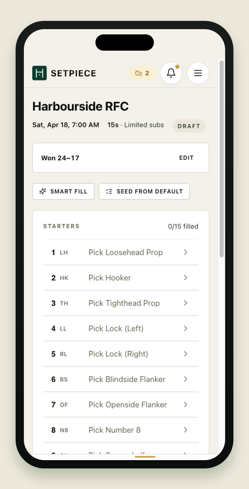 The match screen on an iPhone after coaching offline: a queue indicator in the top bar shows 2 changes waiting to sync, and the recorded result — Won 24–17 — sits saved beneath the fixture header. The rest of the interface looks identical to online use.
