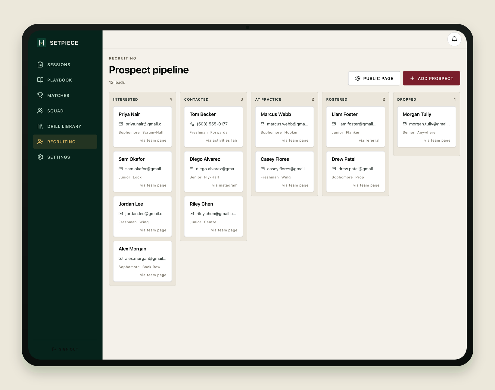 The recruiting prospect pipeline on a tablet, with five stage columns of prospect cards.