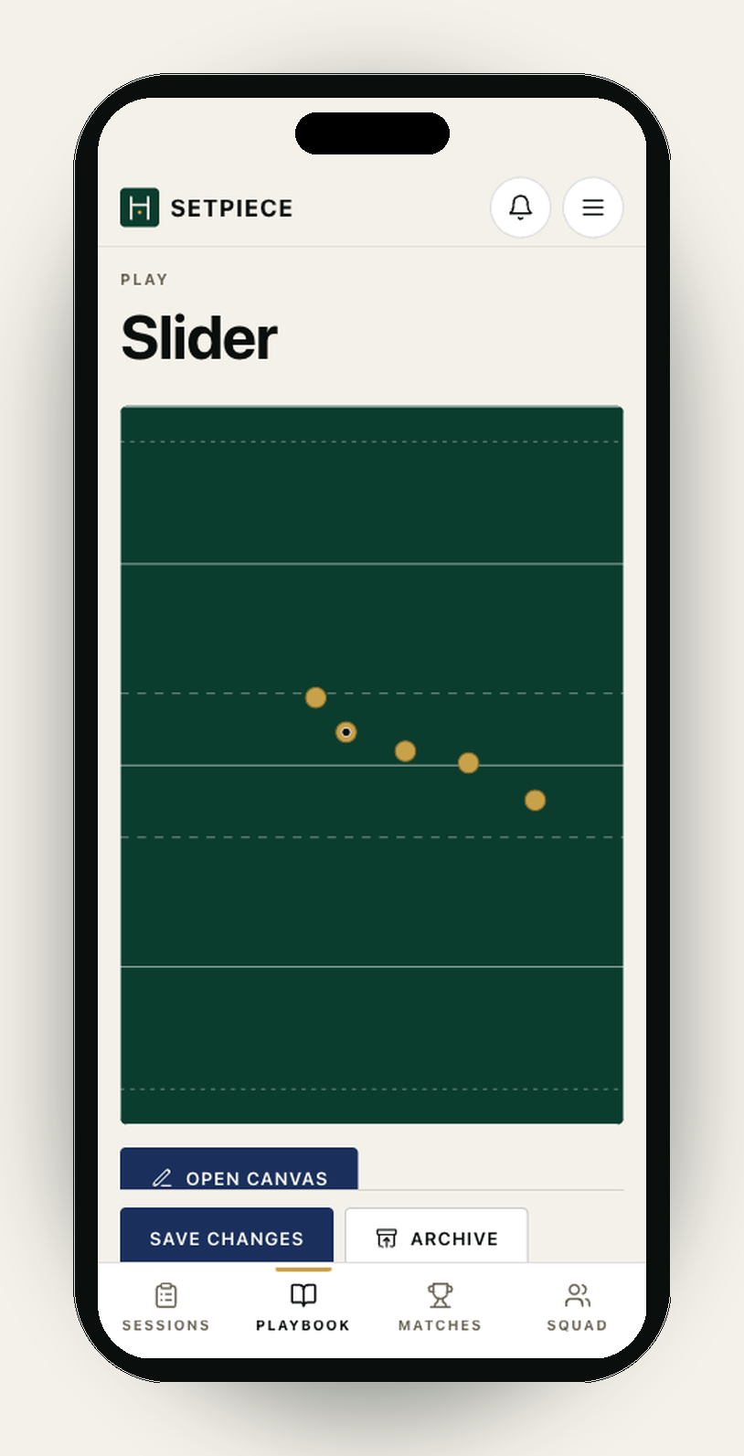 Play detail screen on an iPhone. Header reads 'Play · Slider' over a rugby pitch thumbnail with five players in a backs alignment marked as gold dots, one ringed to indicate the lead actor. Below the pitch, an 'Open canvas' button leads into the editor. The pinned bottom action bar carries a navy 'Save changes' and a secondary 'Archive' button.