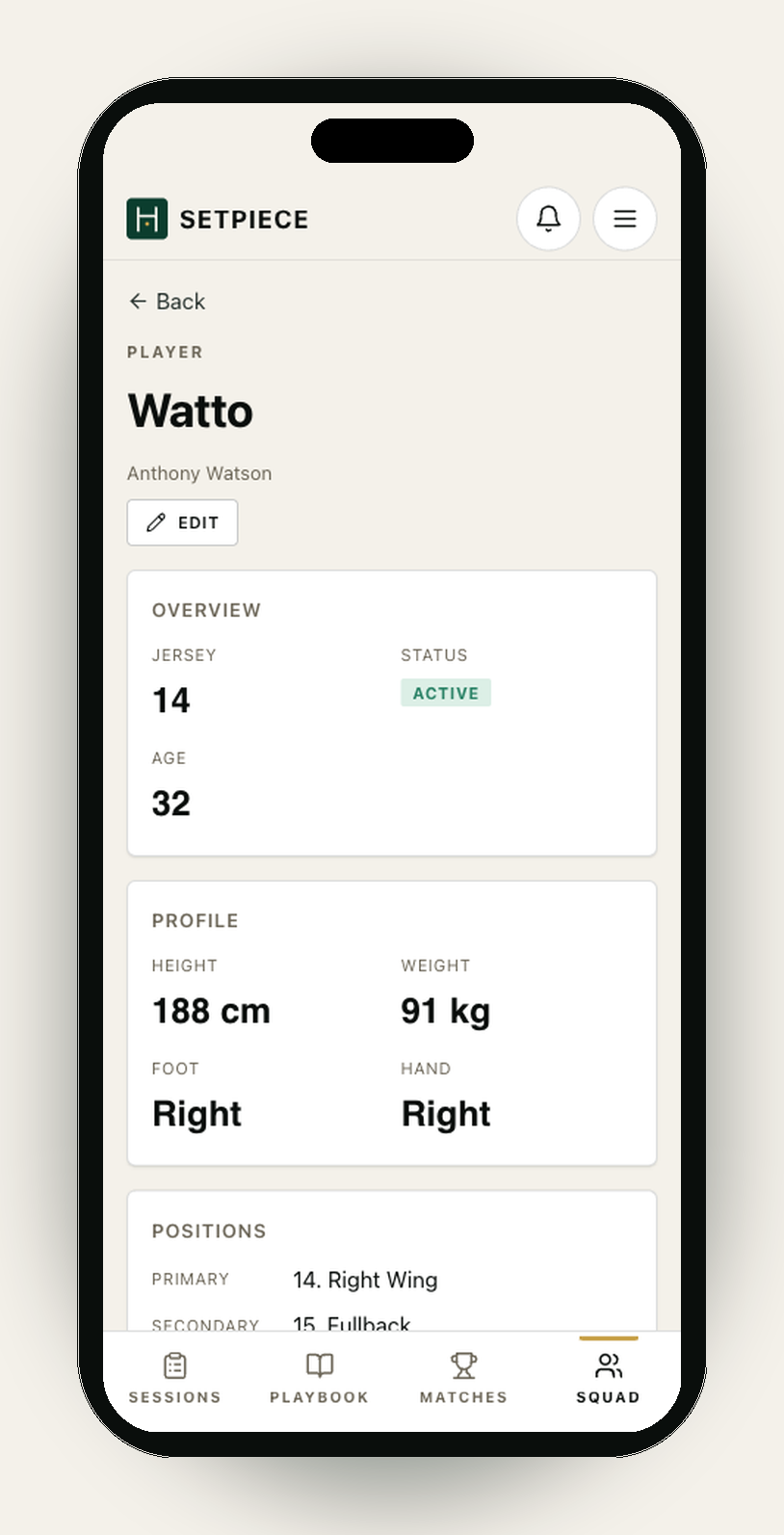 Player detail screen on an iPhone. Header: 'Player · Watto · Anthony Watson' with an Edit button. An Overview card shows Jersey 14, Status Active (in a green pill), Age 32. A Profile card lists Height 188 cm, Weight 91 kg, Foot Right, Hand Right. A Positions card shows Primary '14. Right Wing' and Secondary '15. Fullback'.