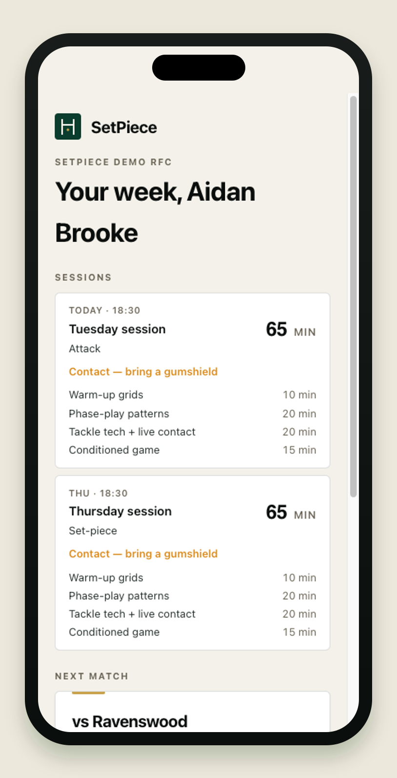 A player's personal week page on an iPhone, opened from a link with no login. Aidan Brooke's page lists the Tuesday attack session and Thursday set-piece session at 18:30, each with its drills and minutes and an amber 'Contact — bring a gumshield' hint, with the next match card starting below.