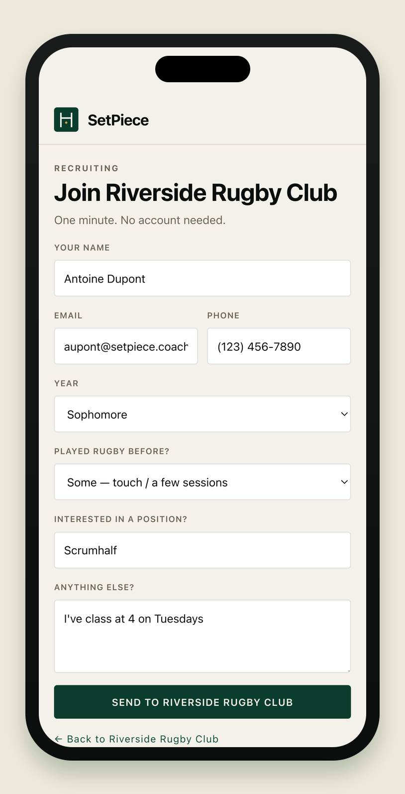 The 'I'm interested' join form on an iPhone, branded maroon. Eyebrow 'RECRUITING', heading 'Join Riverside Rugby Club', sub 'One minute. No account needed.' Filled fields: Your name 'Alex Morgan'; Email 'alex.morgan@gmail.com' and Phone '(503) 555-0142' side by side; Year 'Sophomore'; 'Played rugby before?' set to 'Some — touch / a few sessions'; 'Interested in a position?' 'Back row'; and a notes box reading 'Played a season of touch in HS, free most evenings.' A full-width maroon 'Send to Riverside Rugby Club' button sits below, with a '← Back to Riverside Rugby Club' link.