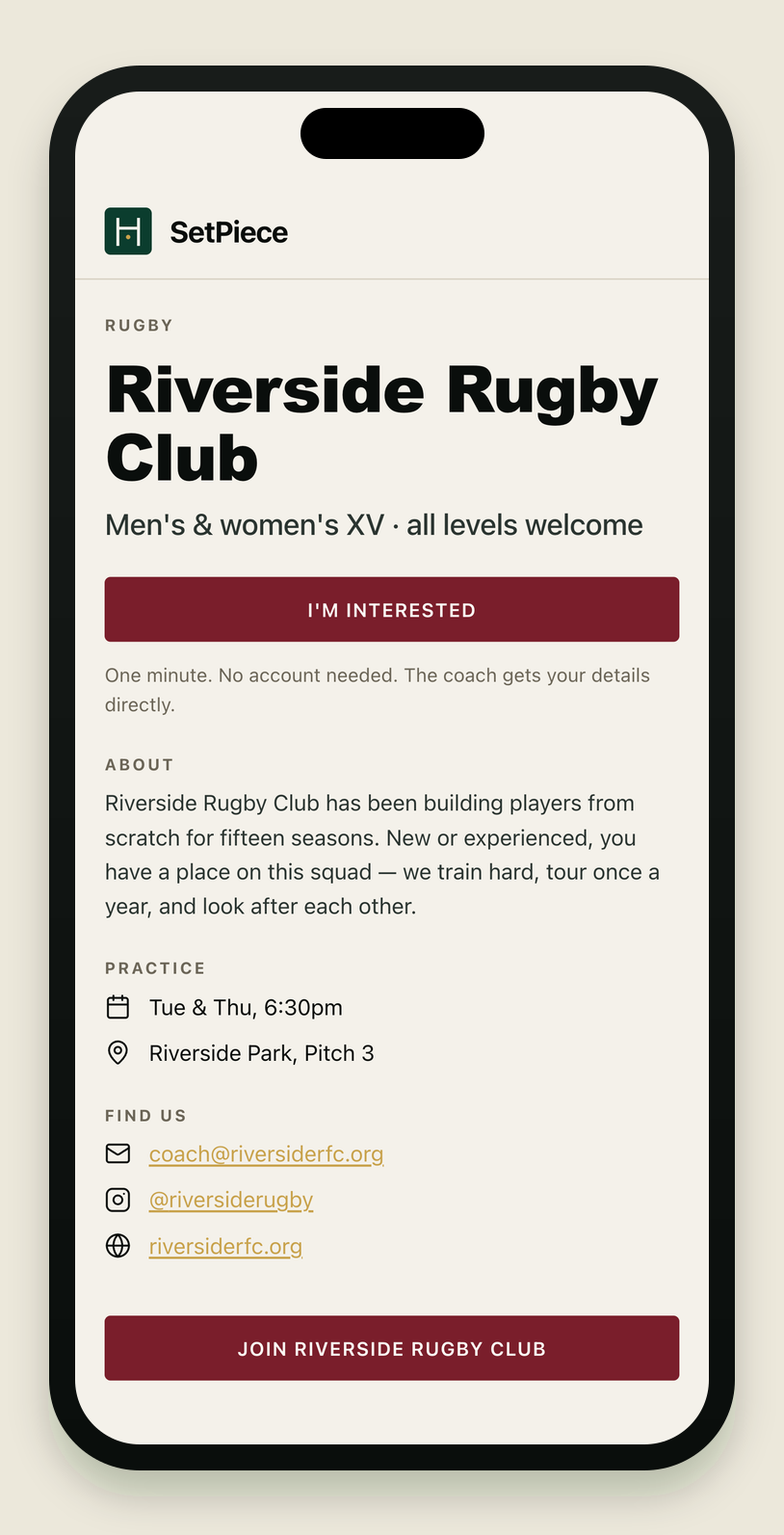 The Riverside Rugby Club public recruiting page on an iPhone — a branded, shareable team page with an 'I'm interested' button.