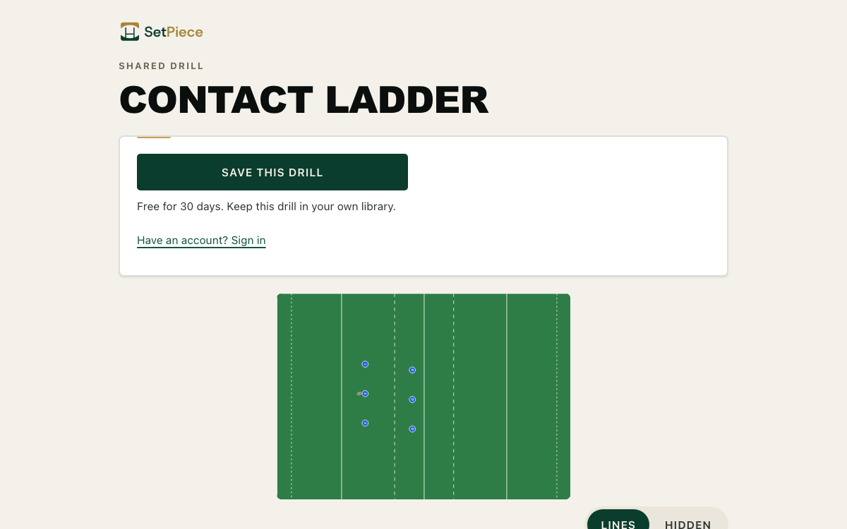 A shared drill page as a visitor sees it: the drill name, a Save this drill card, and the diagram.