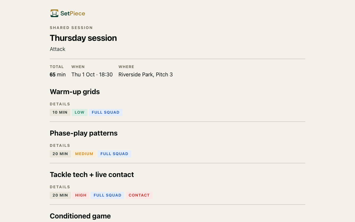 A shared session page as a visitor sees it: title, date and venue, then the run order with timings.