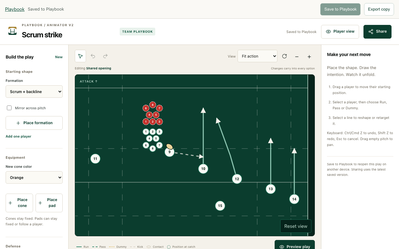 The new animator editor: a scrum play on the pitch with its runs and the first pass drawn, formations and equipment on the left.