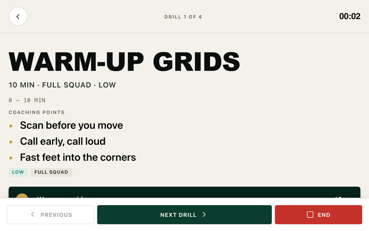 Run mode: the drill name and clock, then a Coaching points list in large type with gold markers.